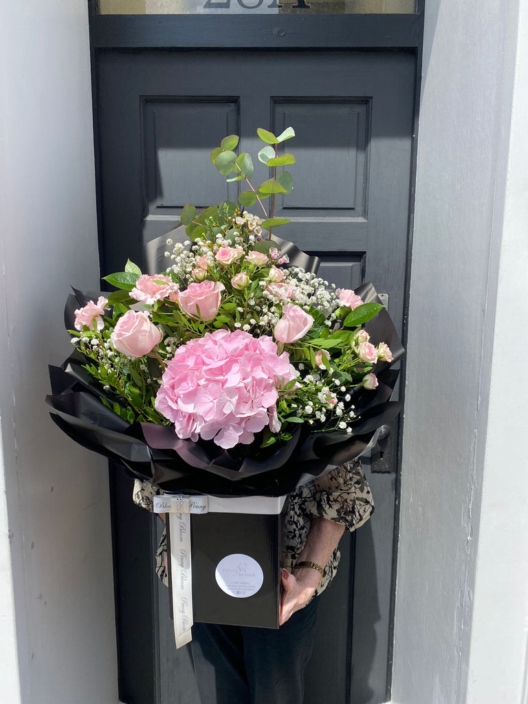 hydrangea, rose, spray rose, gypsophillia, eucalyptus