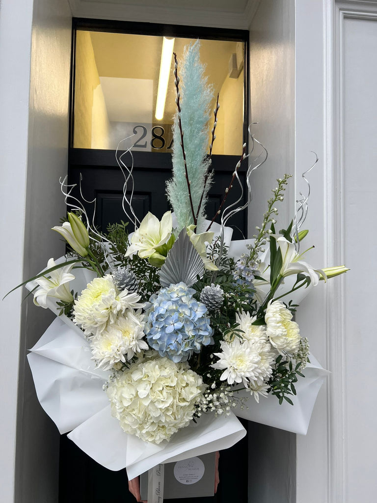 cream white and blue luxury bouquet with silver